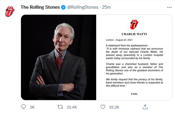 RIP … The Rolling Stones drummer Charlie Watts Dead at 80 – Metal Sludge